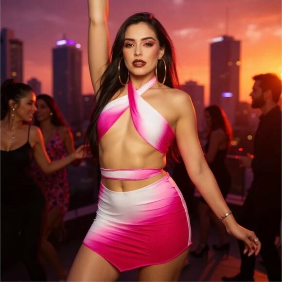 Pink & White Ombre Halter Top & Mini Skirt Set by Jireh Clothing – Rooftop Bloom - Picture 1 of 3